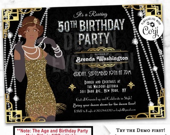 TRY THE DEMO - 50th Birthday African American Harlem Nights Jazz Great Gatsby Flapper Girl 1920s Roaring 20's Speakeasy Birthday Invitation