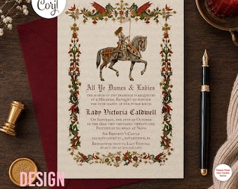May include: An invitation card with a medieval theme. The card features a knight on horseback, surrounded by ornate floral and dragon designs. The text reads "All Ye Dames & Ladies" and details for a banquet.