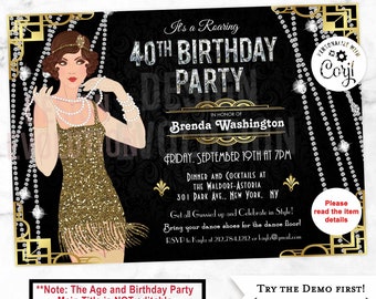 Art Deco 40th Birthday Invitation: Roaring 20s Flapper (Digital)