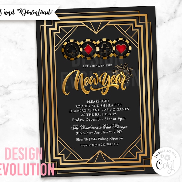 TRY DEMO FIRST -  New Year's Eve Las Vegas Casino Royale Poker Night Art Deco Style Great Gatsby Black and Gold Metallic Glitter Invitation