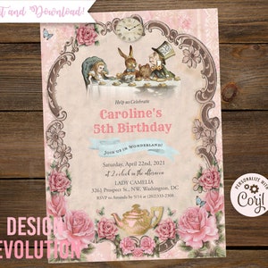 TRY DEMO FIRST - Alice in Wonderland White Rabbit Mad Hatter Vintage Watercolor Floral Bridal Shower Baby Shower Birthday Invitation