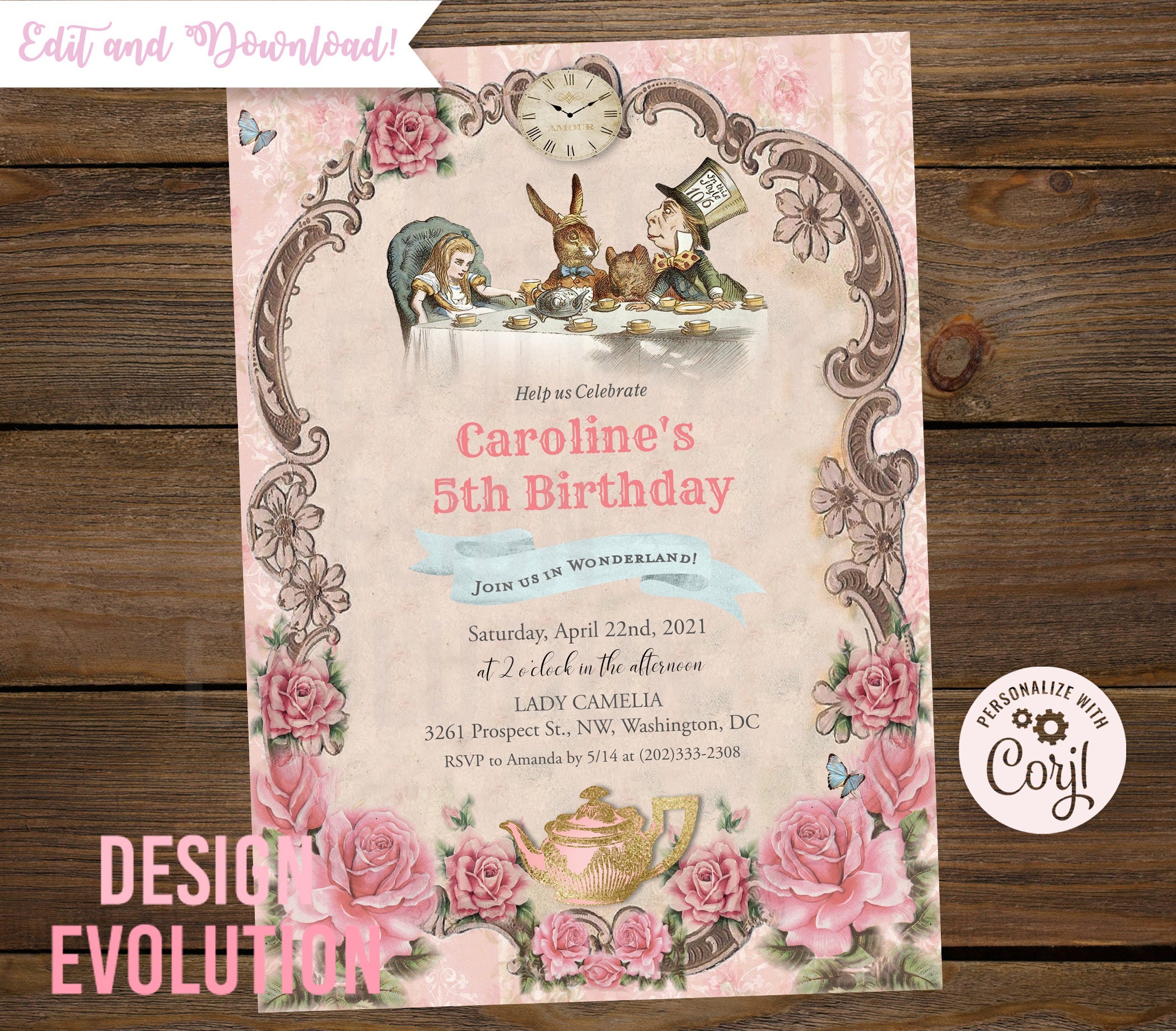 TRY DEMO FIRST - Alice in Wonderland White Rabbit Mad Hatter Vintage Watercolor Floral Bridal Shower Baby Shower Birthday Invitation
