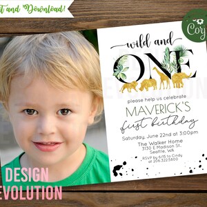 TRY DEMO FIRST - Wild and One Jungle Safari Zoo First 1st Birthday Photo Invitation