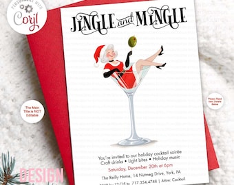 Jingle and Mingle Mrs. Claus Holiday Cocktail Martini Invitation (Digital Download)