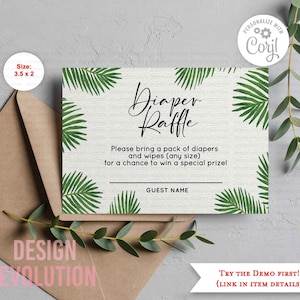 TRY DEMO FIRST - Size: 3.5 x 2&quot; Palm Leaf Tropical Diaper Raffle Ticket