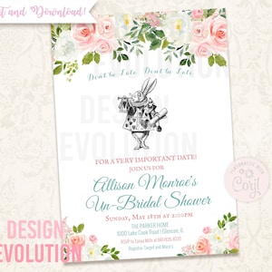 TRY DEMO FIRST -  Alice in Wonderland White Rabbit Mad Hatter Vintage Watercolor Floral Bridal Shower Baby Shower Birthday Invitation