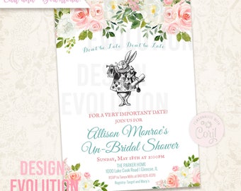 Puede incluir: Una invitación blanca con acentos florales rosas y verdes. La invitación es para un Un-Bridal Shower para Allison Monroe. La invitación incluye la fecha, la hora, la ubicación y la información de RSVP. La invitación también presenta una ilustración en blanco y negro del Conejo Blanco de Alicia en el País de las Maravillas.