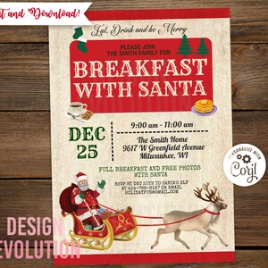 TRY DEMO FIRST - Retro Breakfast with Santa Christmas Breakfast Holiday Breakfast with Santa Reindeer Sleigh Invitation