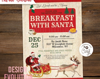 TRY DEMO FIRST - Retro Breakfast with Santa Christmas Breakfast Holiday Breakfast with Santa Reindeer Sleigh Invitation