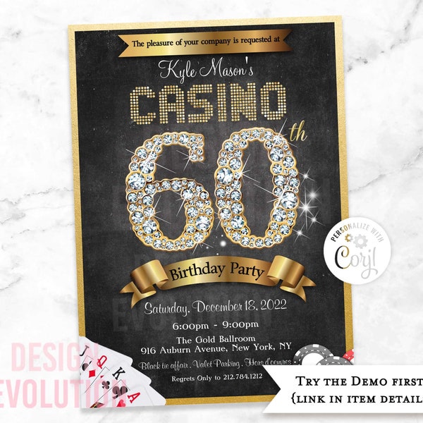 TRY DEMO FIRST - 60th Birthday Casino Las Vegas Casino Royale Poker Night Playing Cards Diamonds Dice Birthday Invitation
