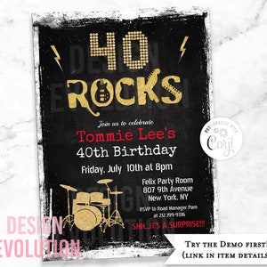 TRY DEMO FIRST - 40 Rocks Rock Star Rockstar Rock n Roll Milestone 40th Birthday Invitation