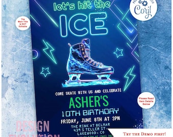 TRY DEMO FIRST - Neon Glow Ice Skating Ice Skates Ice Skate Glow Neon Ice Skating Party Ice Skating Boy Winter Birthday Invitation