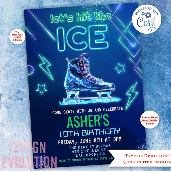 TRY DEMO FIRST - Neon Glow Ice Skating Ice Skates Ice Skate Glow Neon Ice Skating Party Ice Skating Boy Winter Birthday Invitation