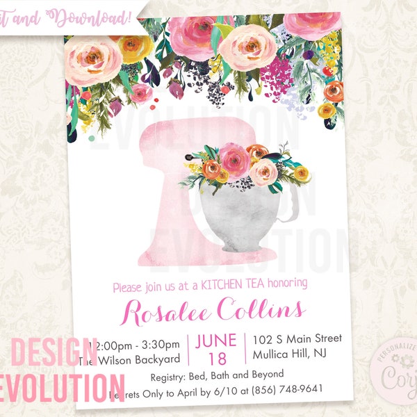 TRY DEMO FIRST - Stock the Kitchen Bridal Shower Kitchen Tea Floral Mixer Mixing Stand Invitation