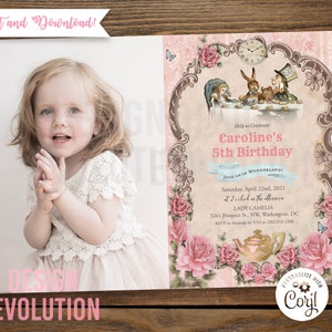 TRY DEMO FIRST - Alice in Wonderland White Rabbit Mad Hatter Vintage Watercolor Floral Bridal Shower Birthday Invitation
