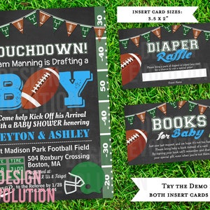 TRY DEMO FIRST - Football Sports Boy Baby Shower Chalkboard Invitation Diaper Raffle Ticket and Books for Baby Bring a Book Insert Card