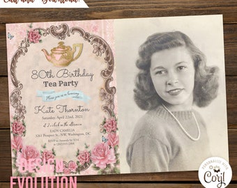 Vintage Birthday Photo Invitation: Retro Tea Party (Digital Download)