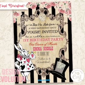 TRY DEMO FIRST - Alice in Wonderland White Rabbit Mad Hatter Vintage Floral Birthday Invitation