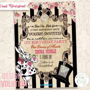 TRY DEMO FIRST - Alice in Wonderland White Rabbit Mad Hatter Vintage Floral Birthday Invitation