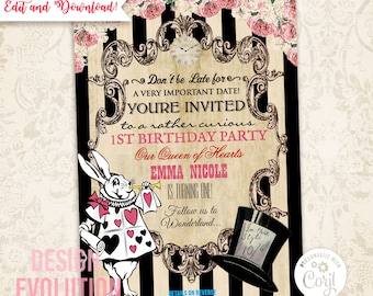 TRY DEMO FIRST - Alice in Wonderland White Rabbit Mad Hatter Vintage Floral Birthday Invitation