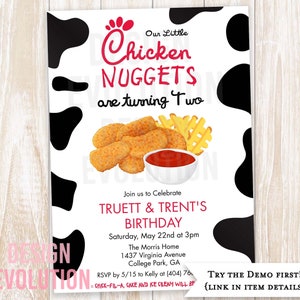 TRY THE DEMO: Twin Dual Sibling Chicken Nugget Little Nugget Fast Food Child Children Cow Moo French Fries Waffle Fries Birthday Invitation