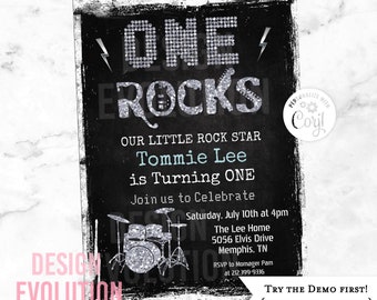 TRY DEMO FIRST - One Rocks Rock Star Rockstar Rock n Roll First 1st Birthday Drum set Music Silver Glitter Birthday Invitation