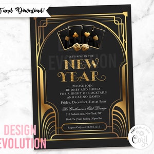 TRY DEMO FIRST -  New Year&#39;s Eve Las Vegas Casino Royale Poker Night Art Deco Style Great Gatsby Black and Gold Metallic Invitation