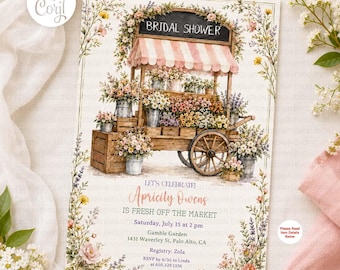Fresh Off the Market Bridal Shower Invitation Template | Floral Flower Cart (Digital Download)