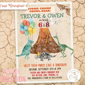 TRY DEMO FIRST - Dinosaur Dual Twin Sibling Birthday Jurassic T Rex Boy Birthday First 1st Birthday Roar Jungle Animals Wild One Invitation