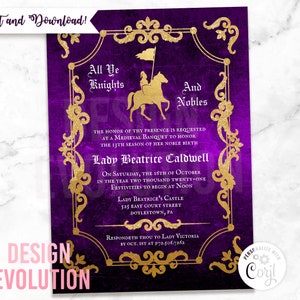 TRY DEMO FIRST - Any Age Medieval Renaissance Middle Ages Dark Ages Purple and Gold Knight Renfaire Birthday Invitation
