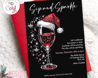 Sip & Sparkle Holiday Cocktail Party Wine Glass Invitation (Digital Download)