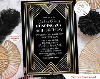 TRY DEMO FIRST - Art Deco Great Gatsby Harlem Nights Cotton Club Jazz Age 1920s Roaring 20's Speakeasy Black and Gold Birthday Invitation