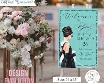 TRY DEMO FIRST - Size: 24x 36 Breakfast at Little Black Dress Theme Bride and Co Bridal Shower Welcome Sign Poster