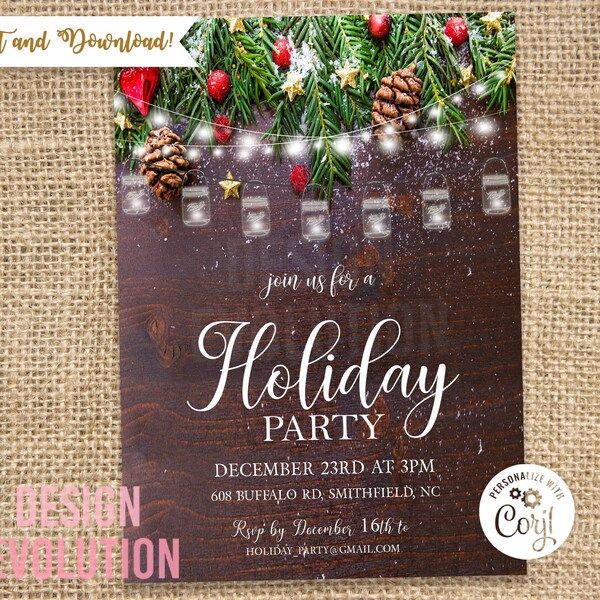 TRY DEMO FIRST - Holiday Winter Christmas Party String Lights Mason Jar Rustic Invitation
