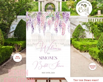 May include: A printable bridal shower welcome sign with a watercolor design of wisteria flowers and a castle. The sign says "Welcome to Simone's Bridal Shower" and "May 24th, 2024".