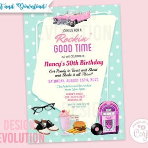 TRY DEMO FIRST - Retro Diner Classic Car Retro Vintage 1950s 50th 60th 70th 80th Automobile 50s Party 1955 Pink Cadillac Birthday Invitation