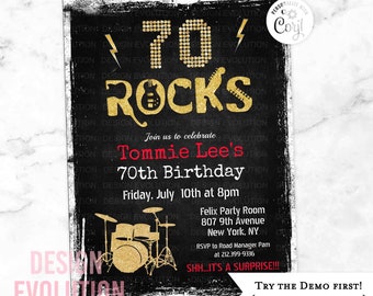 TRY DEMO FIRST - 70 Rocks Rock Star Rockstar Rock n Roll Milestone 70th Birthday Invitation