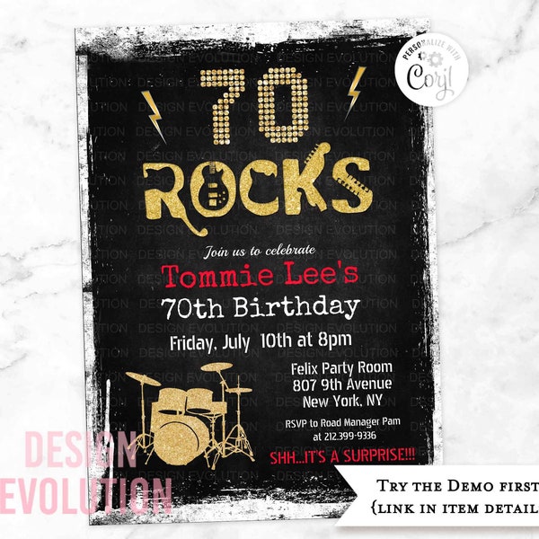TRY DEMO FIRST - 70 Rocks Rock Star Rockstar Rock n Roll Milestone 70th Birthday Invitation