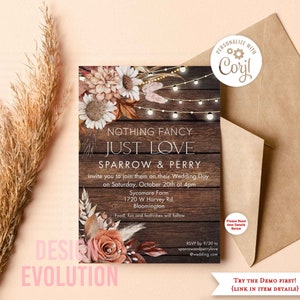 May include: Rustic wedding invitation with floral accents and string lights. The invitation reads "Nothing Fancy Just Love Sparrow & Perry" and includes the date, time, and location of the wedding.