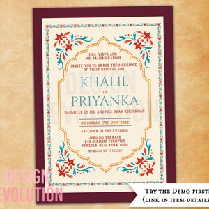 TRY DEMO FIRST - Indian Wedding Bridal Shower Birthday Bollywood Traditional Mehndi Ethnic Middle Eastern Burgundy and Orange Invitation