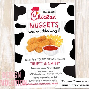 TRY DEMO FIRST: Twin Chicken Nugget Little Nugget Fast Food Couples Shower Baby Shower Cow Moo French Fries Waffle Fries Invitation