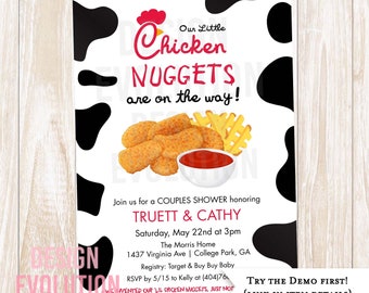 May include: A black and white cow print background with a white text box. The text box says "Our Little Chicken Nuggets are on the way!" with a red chicken illustration. Below the text is a picture of chicken nuggets, french fries, and a small bowl of ketchup. The text below the picture says "Join us for a COUPLES SHOWER honoring TRUETT & CATHY Saturday, May 22nd at 3pm The Morris Home 1437 Virginia Ave | College Park, GA Registry: Target & Buy Buy Baby RSVP by 5/15 to Kelly at (404)76... WE INVENTED OUR LIL CHICKEN NUGGETS, JUST NOT TRY THE DEMO FIRST! (LINK IN ITEM DETAILS)"