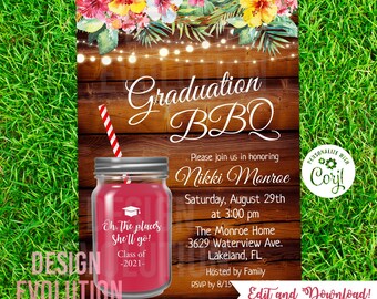 TRY DEMO FIRST - Graduation Bbq Cookout Red Mason Jar Floral String Lights Invitation