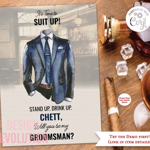 TRY DEMO FIRST - Will You Be My Groomsman Groomsmen Best Man Time to Suit Up Proposal Request Card