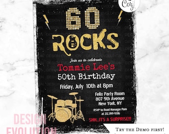 May include: Black and gold birthday invitation with a rock and roll theme. The invitation says "60 Rocks" with a gold glitter background and a drum set. The invitation is for Tommie Lee's 50th birthday party. The party is on Friday, July 10th at 8pm at Felix Party Room, 807 9th Avenue, New York, NY. RSVP to Road Manager Pam at 212.399.9336. The invitation says "SHH...IT'S A SURPRISE!!!" and "TRY THE DEMO FIRST! (LINK IN ITEM DETAILS)"