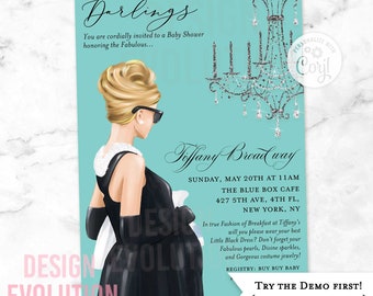 TRY DEMO FIRST - Baby and Co Breakfast at Little Black Dress Theme Baby Shower Couples Shower Elegant Chandelier Pregnant Invitation