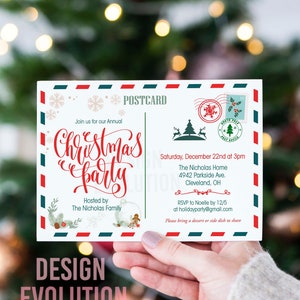 TRY THE DEMO - Christmas Holiday Party Postcard Invitation Ticket Xmas White Green and Red Classic Holiday Postage Stamps Invite Invitation