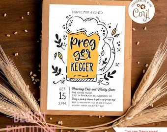 TRY DEMO FIRST -  Pregger Kegger Baby is Brewing Beer Mug Coed Co-ed Diaper Couples Baby Shower Invitation