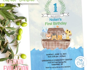 TRY DEMO FIRST -  Noah's Ark Animals Watercolor Birthday Invitation