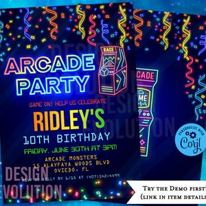 TRY DEMO FIRST - Arcade Birthday Party Rainbow Neon Glow Arcade Games Video Game Party Gaming Party Tween Boy Girl Invitation